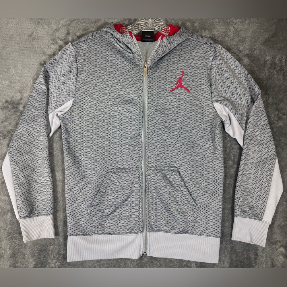 Jordan Boys Therma Fit Full Zip Hoodie Gray Red Size Youth‎ Large